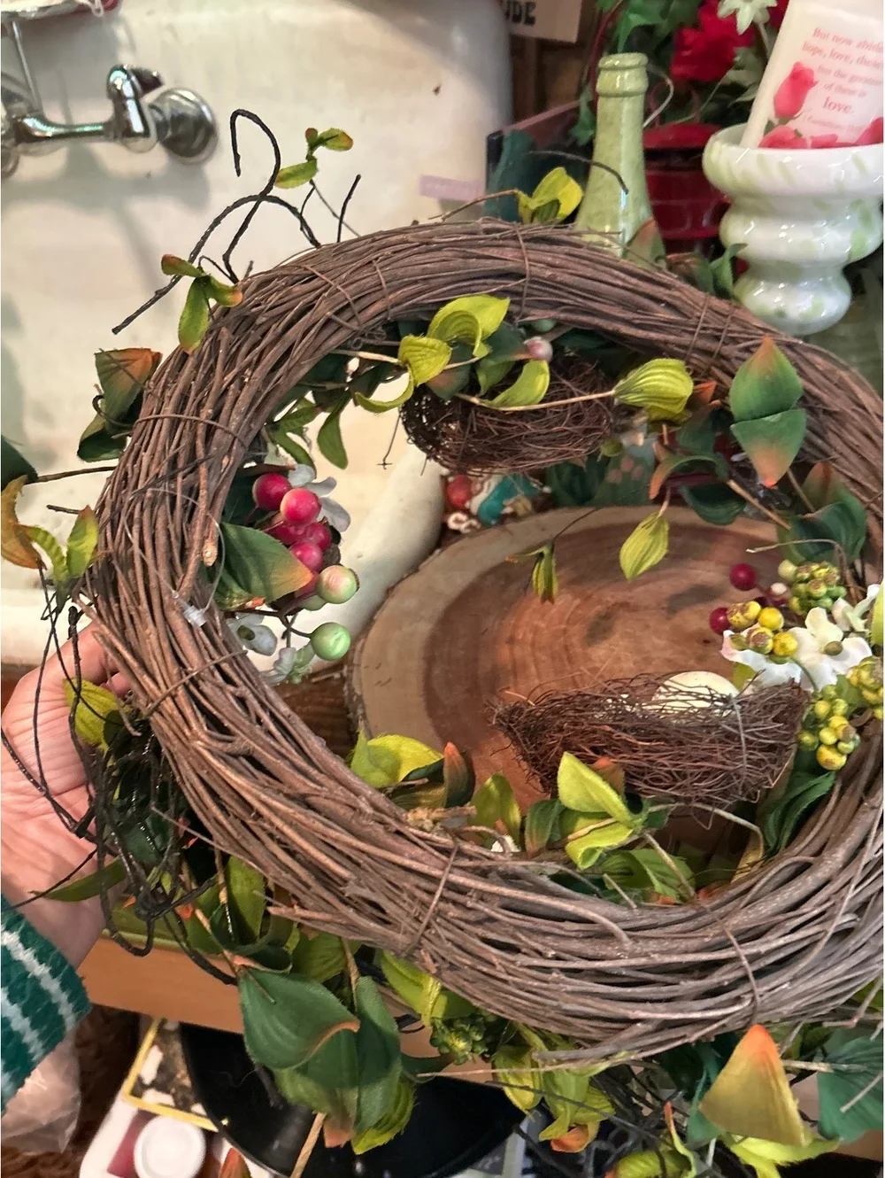 Decorative Spring Wreath with Faux Bird Nests and Eggs